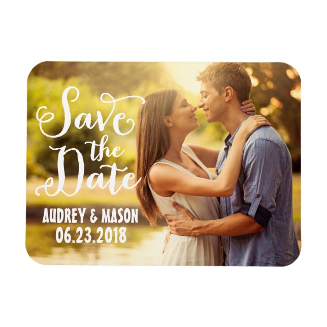 Rustic White Script Wedding Photo Save the Date Magnet (Horizontal)