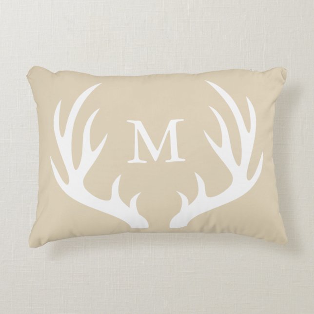 Rustic White Silhouette Buck Antlers & Taupe Decorative Cushion (Front)