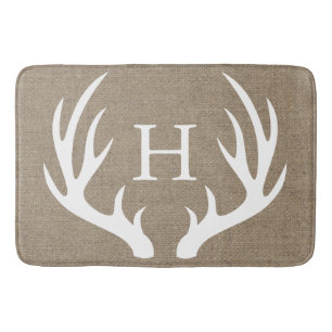 Rustic White Silhouetted Deer Antlers Faux Burlap Bath Mat