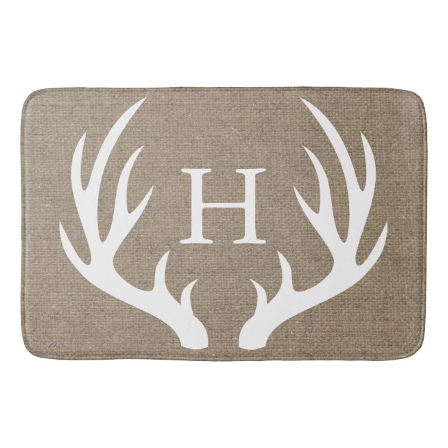 Rustic White Silhouetted Deer Antlers Faux Burlap Bath Mat (Front)