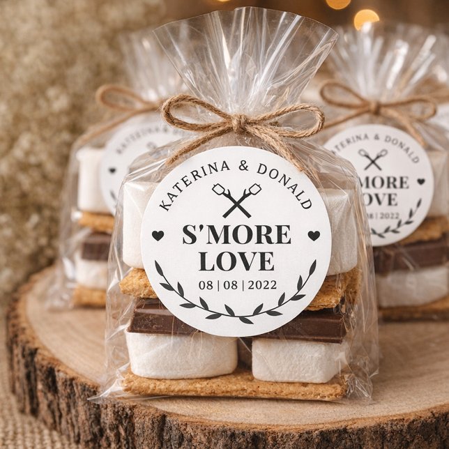 Rustic White Smore Love Wedding Favour Design Classic Round Sticker (Creator Uploaded)