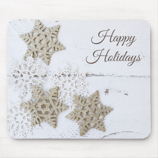 Rustic WhIte Snowflakes Happy Holidays Winter Mouse Pad (Front)