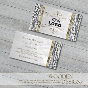 Rustic White Tree Bark Wood Grain Gold Border Logo Business Card