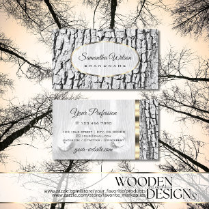 Rustic White Tree Bark Wood Grain Oval Gold Border Business Card