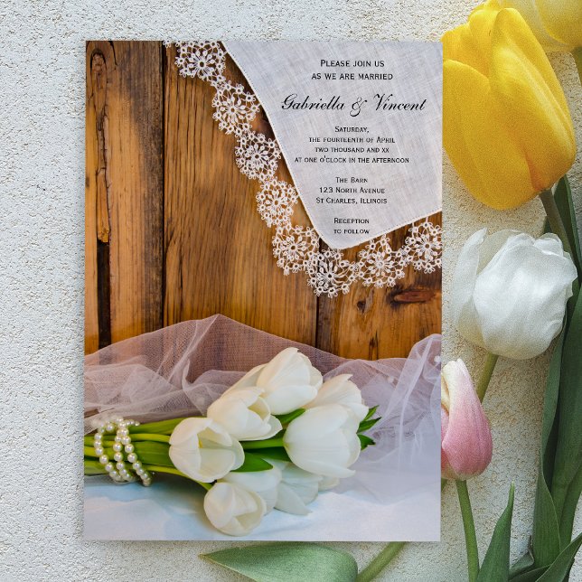Rustic White Tulips Country Barn Wedding Invitation (Creator Uploaded)