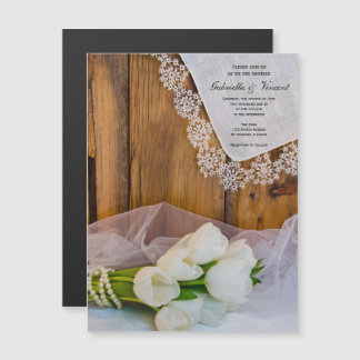 Rustic White Tulips Country Barn Wedding Magnetic Invitation