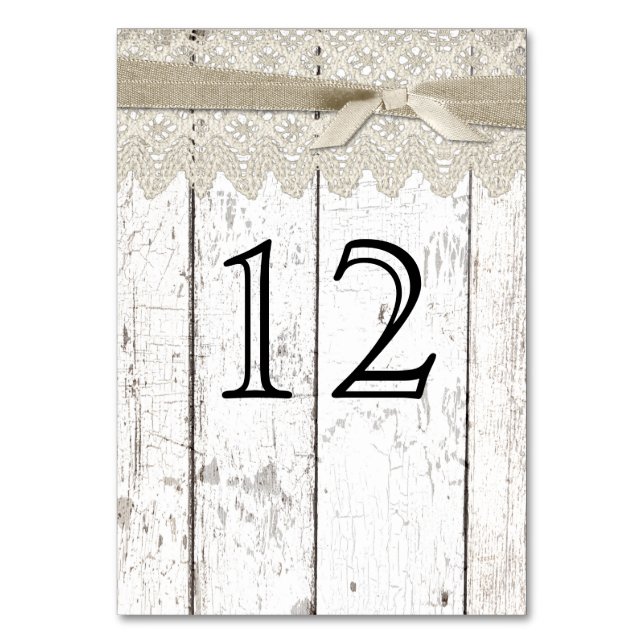 Rustic White Washed Wood and Lace Table Number (Front)
