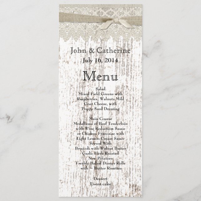 Rustic White Washed Wood and Lace Wedding Menu (Front)