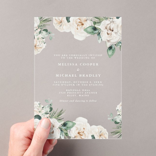 Rustic White Watercolor Floral Wedding Acrylic Invitations (Insitu (Handheld))