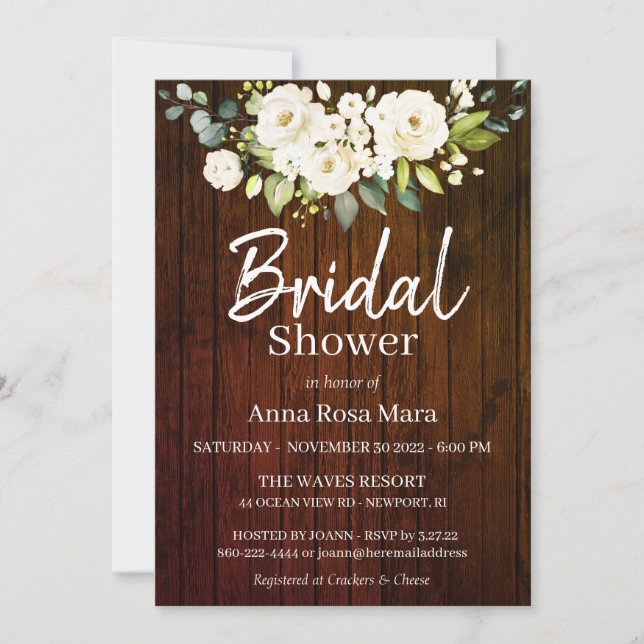 *~* Rustic White Watercolor Roses Bridal Shower Invitation (Front)