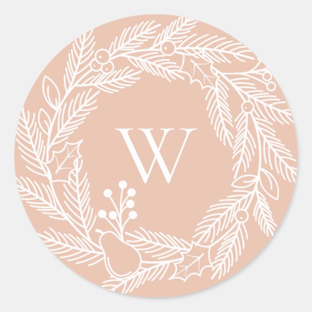 Rustic White Winter Wreath Monogram Blush Classic Round Sticker (Front)