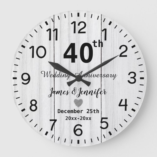 Rustic White Wood 40th Wedding Anniversary Custom Large Clock (Front)
