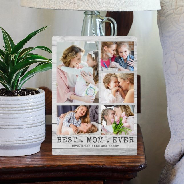Rustic White Wood BEST MOM EVER Photo Collage Plaque (Creator Uploaded)