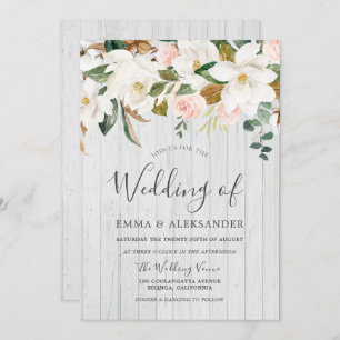 Rustic White Wood Blush & White Floral Wedding Invitation