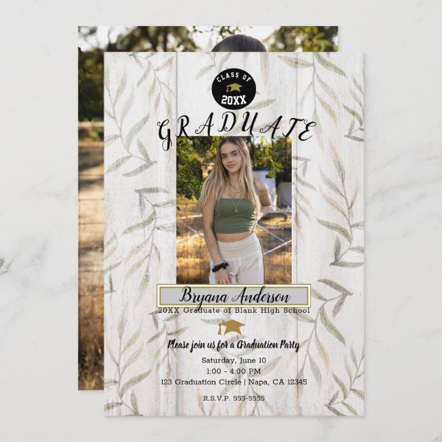 Rustic White Wood Botanical Photo Graduation Party Invitation (Front/Back)