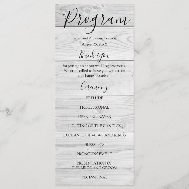 Rustic White Wood Country Wedding Programs Menu (Front)