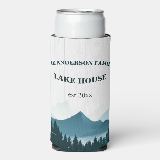 Rustic White Wood Custom Family Name Lake House Seltzer Can Cooler (Seltzer Front)