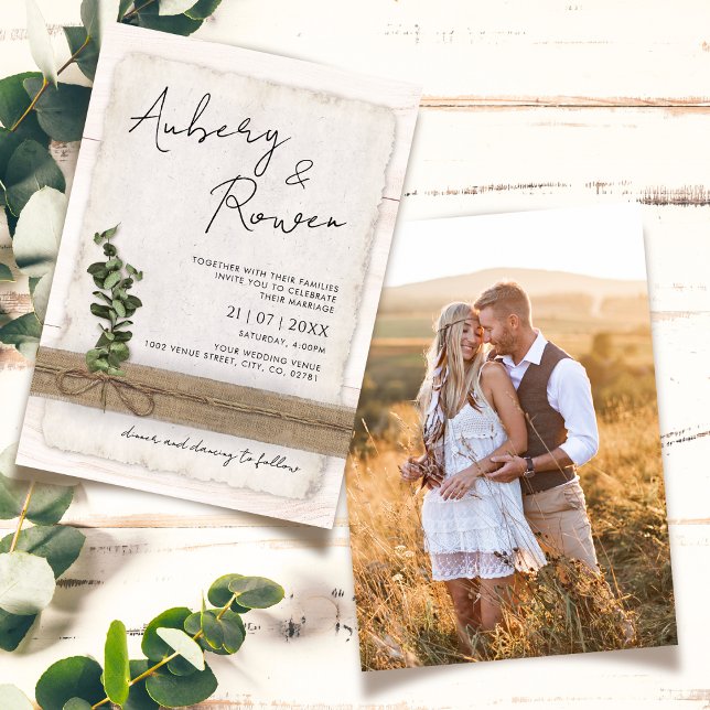 Rustic White Wood Eco Eucalyptus Photo Wedding Invitation (Creator Uploaded)