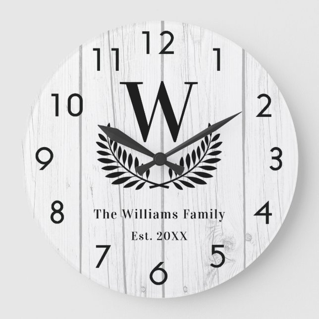 Rustic white wood family monogram name large clock (Front)