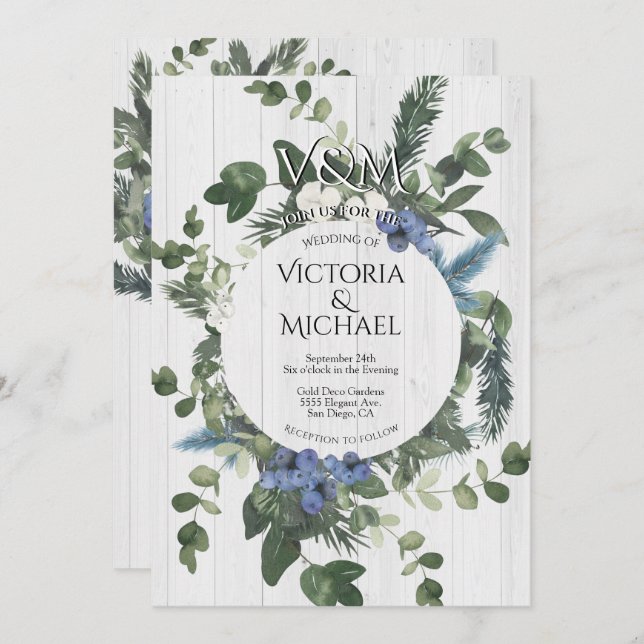 Rustic White Wood Floral & Pine Forest Wedding Invitation (Front/Back)