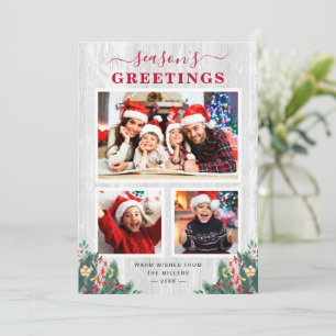 Rustic White Wood Floral Seasons Greetings 3 Photo Holiday Card