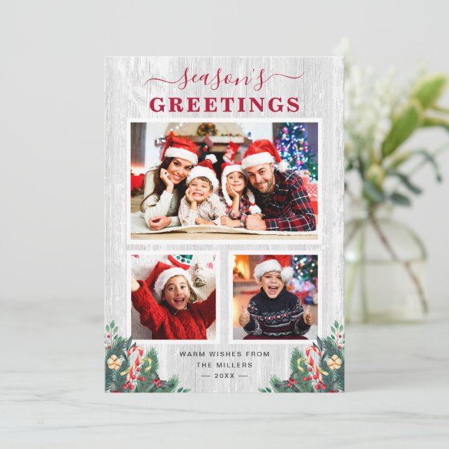 Rustic White Wood Floral Seasons Greetings 3 Photo Holiday Card (Standing Front)