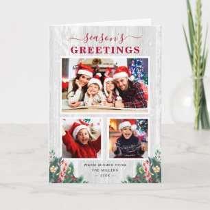 Rustic White Wood Floral Seasons Greetings 3 Photo Holiday Card