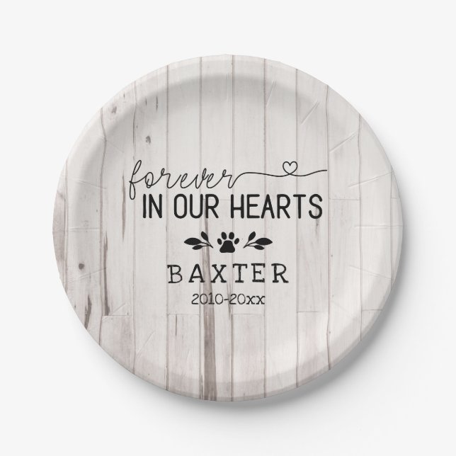 Rustic White Wood Forever In Our Hearts Paw Pet Paper Plate (Front)