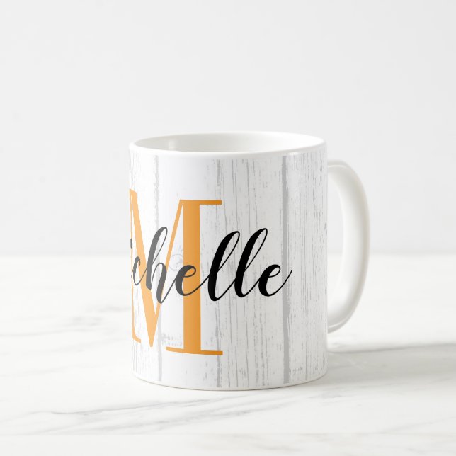 Rustic white wood grain print custom monogrammed coffee mug (Front Right)