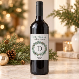 Rustic White Wood Green Wreath Monogram Merry Wine Label