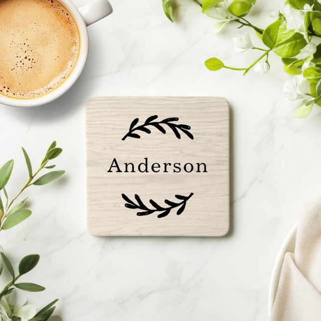 Rustic White Wood Laurel Monogram Est Coaster (Creator Uploaded)