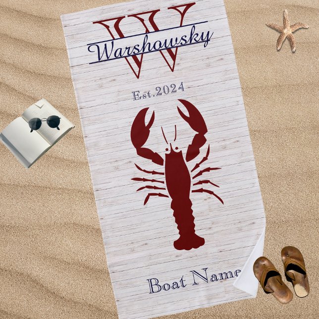 Rustic White Wood Nautical Navy Blue Rust Lobster  Beach Towel (Creator Uploaded)