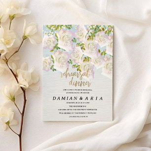 Rustic white wood pink mint roses Rehearsal Dinner Invitation