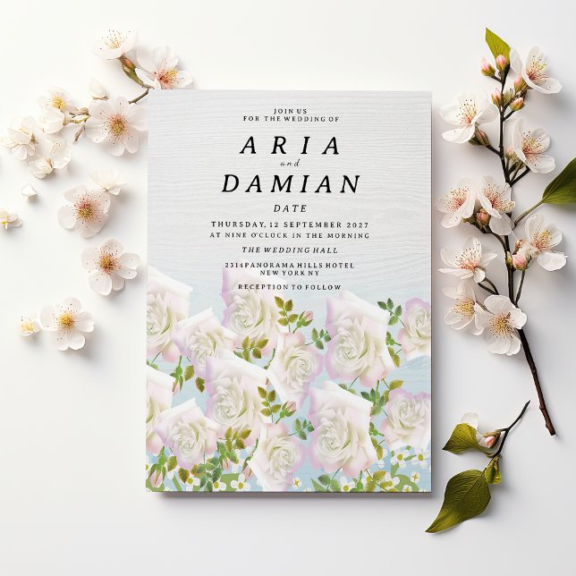 Rustic white wood pink mint roses Wedding Invitation (Rustic white wood pink mint roses Wedding )