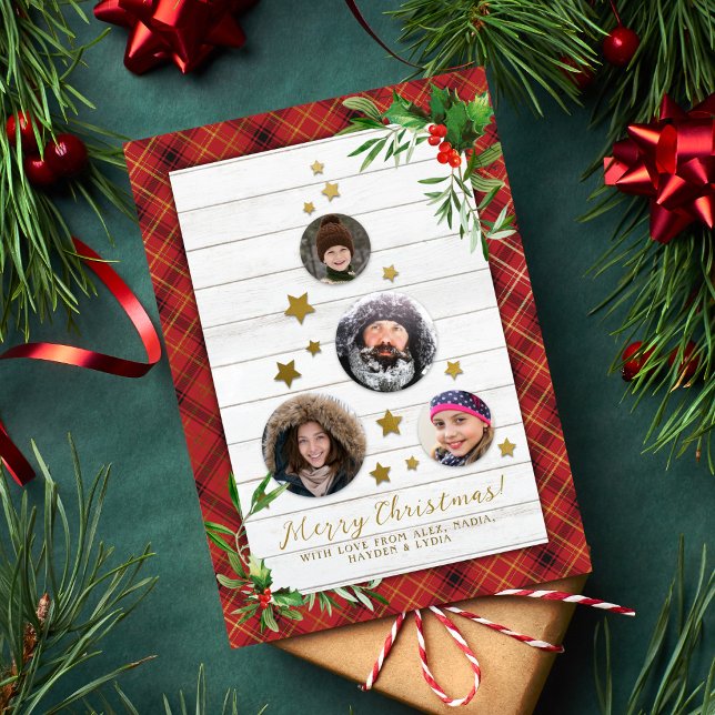 Rustic White Wood & Plaid Christmas Tree 4 Photo Holiday Card (Creator Uploaded)