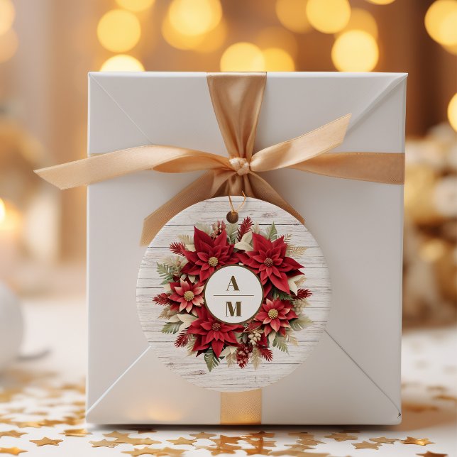Rustic White Wood Poinsettia  Wedding              Classic Round Sticker (Creator Uploaded)