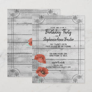 Rustic White Wood Poppy Flowers Birthday Invitatio Invitation