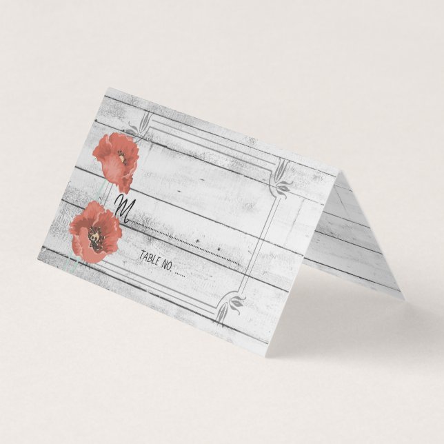 Rustic White Wood Poppy Flowers Wedding Table No. Business Card (Front)