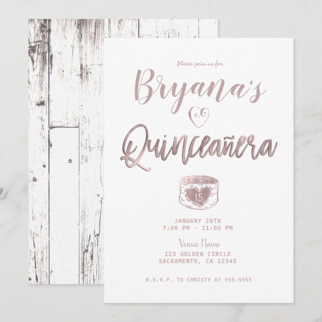 Rustic White Wood Rose Gold Pink 15 Quinceañera  Invitation (Front/Back)