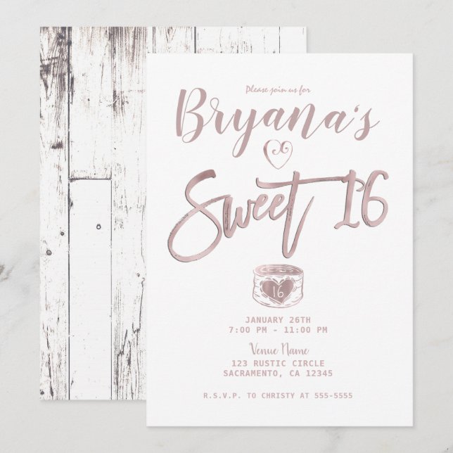 Rustic White Wood Rose Gold Pink Sweet 16 Party  Invitation (Front/Back)