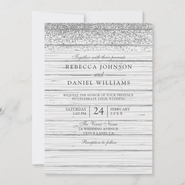 Rustic White Wood Silver Glitter Wedding Invite (Front)