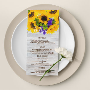 Rustic white wood sunflower floral Wedding Menu