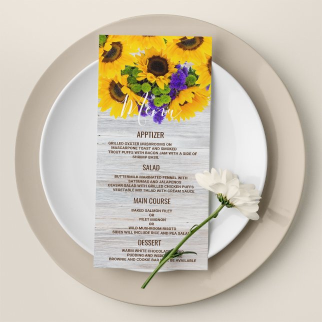 Rustic white wood sunflower floral Wedding Menu (Rustic white wood sunflower floral Wedding Menu)