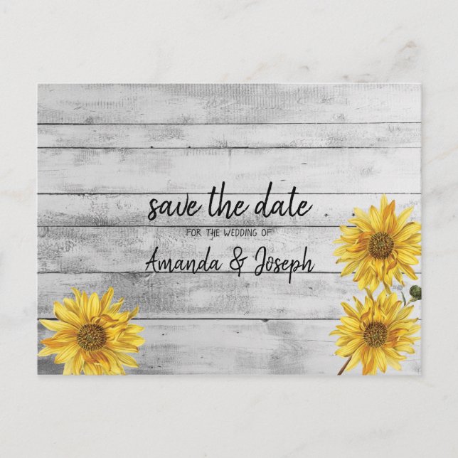 Rustic White Wood Sunflowers Save the Date Announcement Postcard (Front)