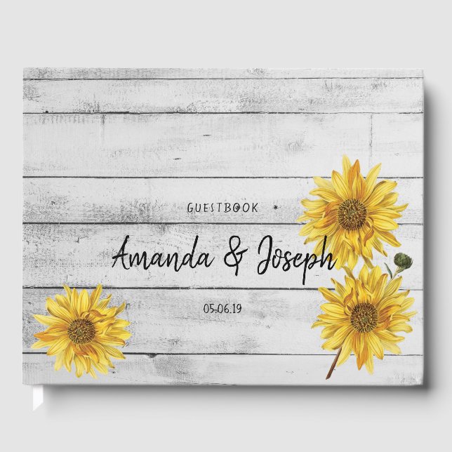 Rustic White Wood Sunflowers Wedding Guestbook (Front)