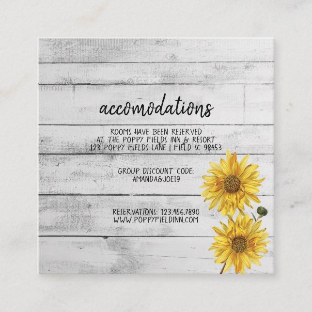 Rustic White Wood Sunflowers Wedding Hotel Enclosure Card (Front)