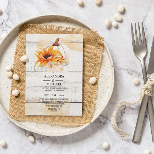 Rustic White Wood Watercolor Pumpkin Sunflower   Invitation (Creator Uploaded)