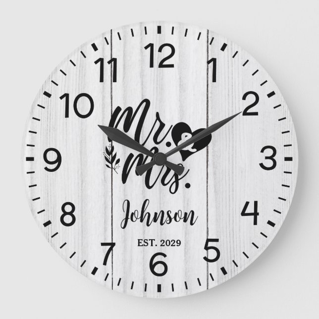 Rustic White wooden Elegant Script Mr & Mrs Large Clock (Front)