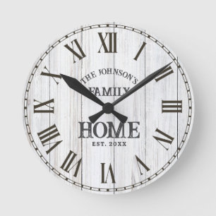 Rustic White Woodgrain Family Name Round Clock