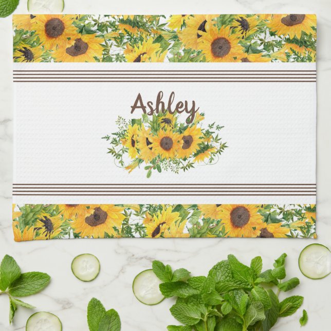 Rustic White Yellow Sunflower Personalised Tea Towel (Folded)